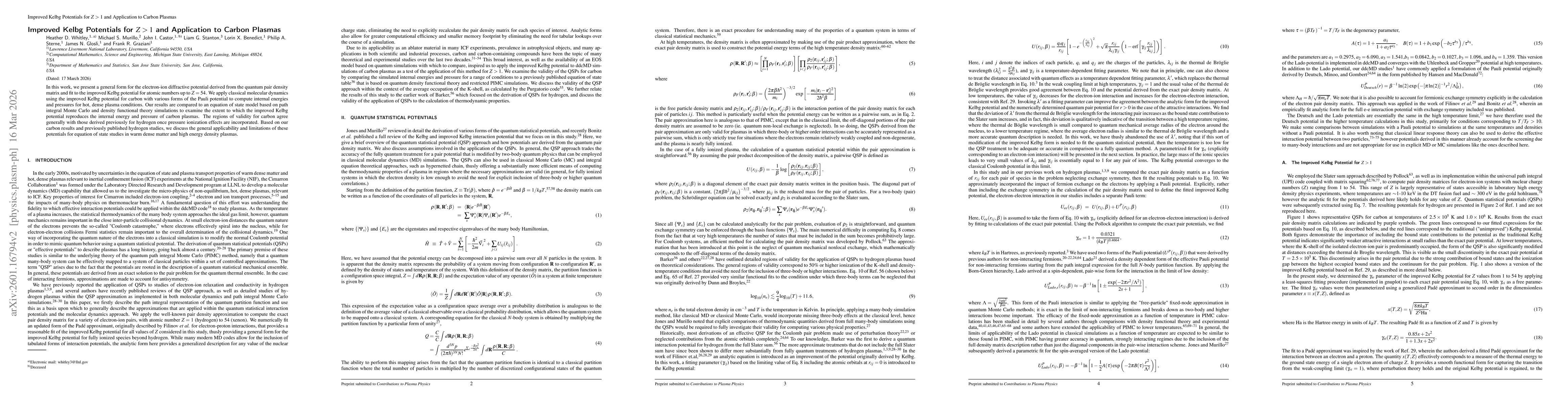 Thumbnail for Improved Kelbg Potentials for $Z>1$ and Application to Carbon Plasmas