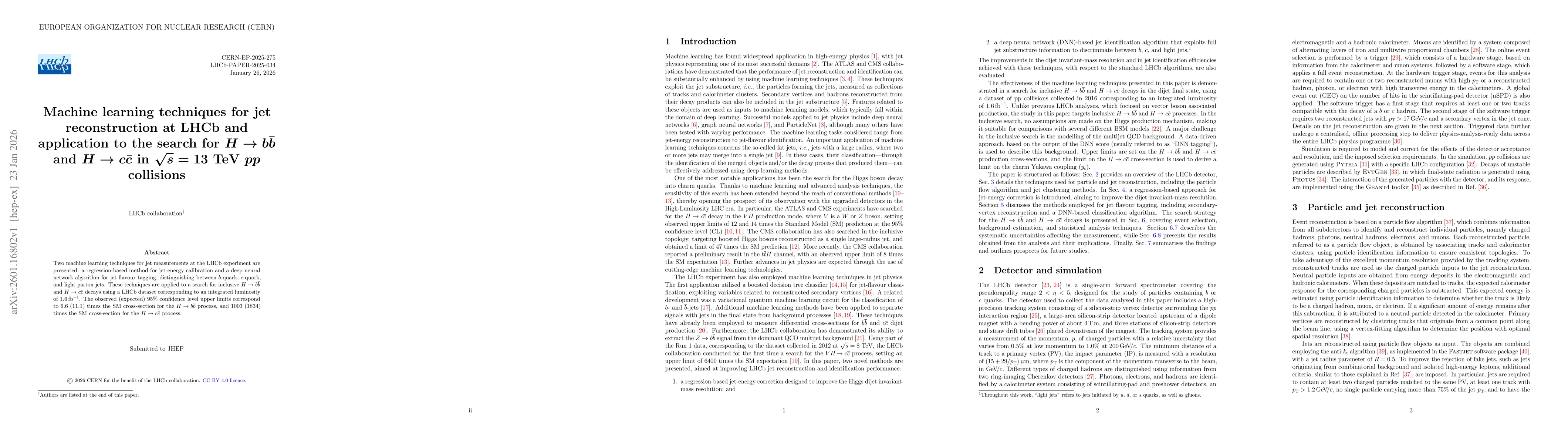 Thumbnail for Machine learning techniques for jet reconstruction at LHCb and application to the search for $H \to b \bar{b}$ and $H \to c \bar{c}$ in $\sqrt{s}=13$ TeV $pp$ collisions