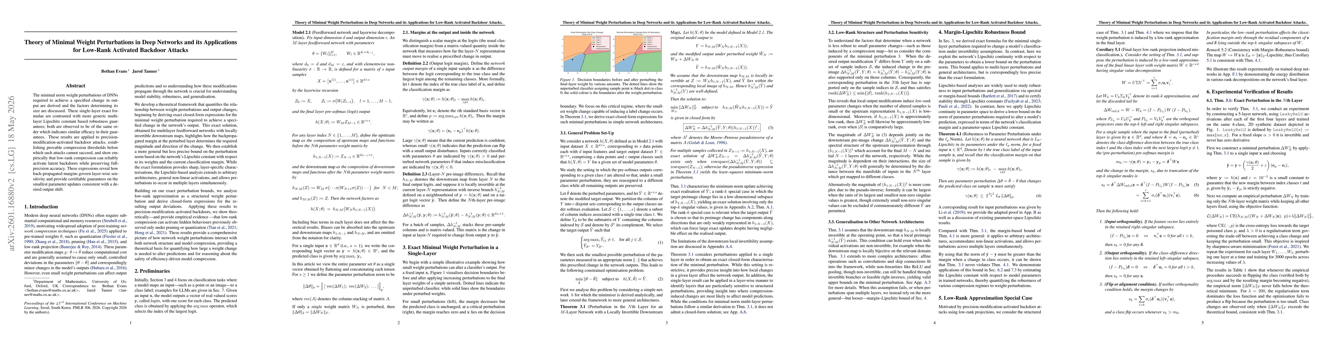 Thumbnail for Theory of Minimal Weight Perturbations in Deep Networks and its Applications for Low-Rank Activated Backdoor Attacks