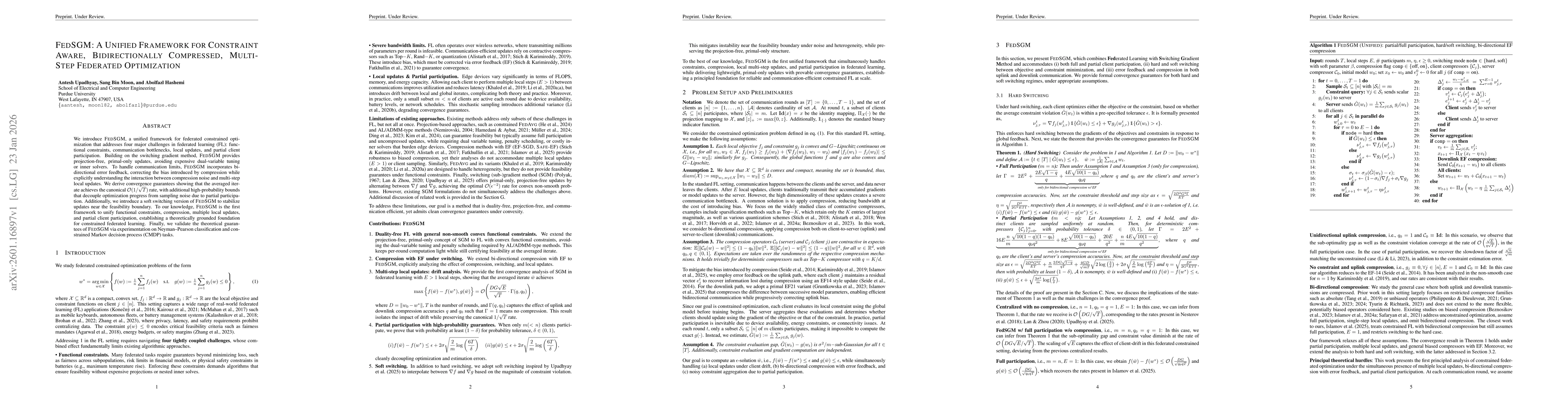 Thumbnail for FedSGM: A Unified Framework for Constraint Aware, Bidirectionally Compressed, Multi-Step Federated Optimization