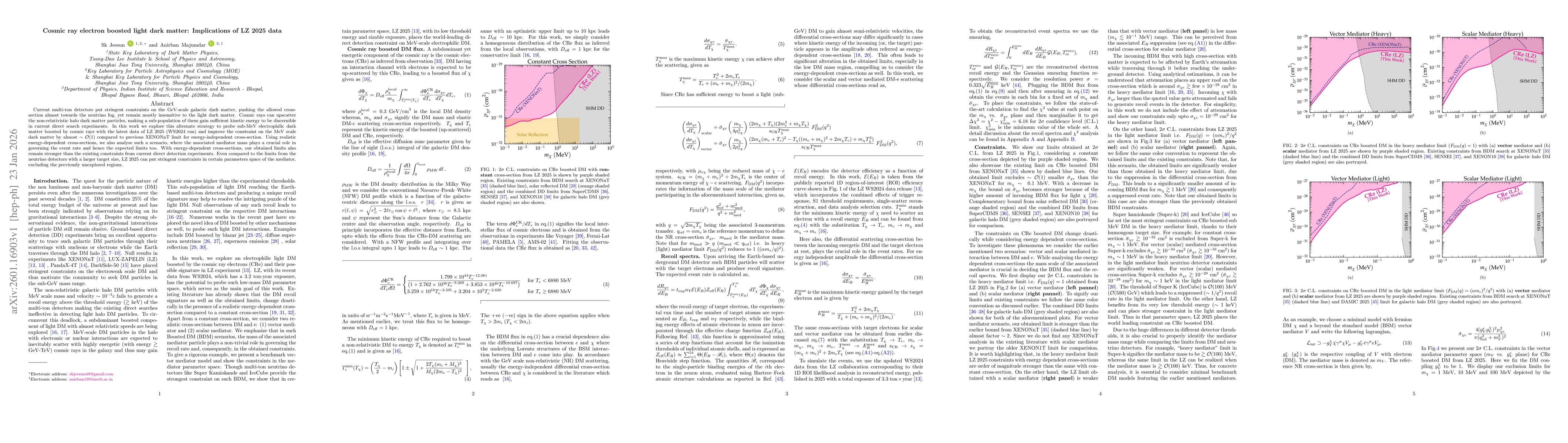 Thumbnail for Cosmic ray electron boosted light dark matter: Implications of LZ 2025 data