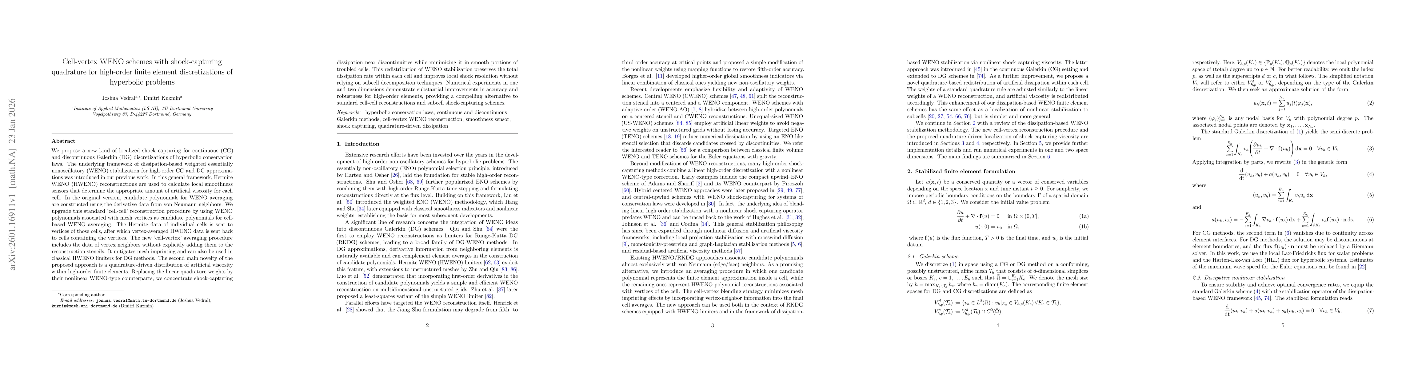 Thumbnail for Cell-vertex WENO schemes with shock-capturing quadrature for high-order finite element discretizations of hyperbolic problems