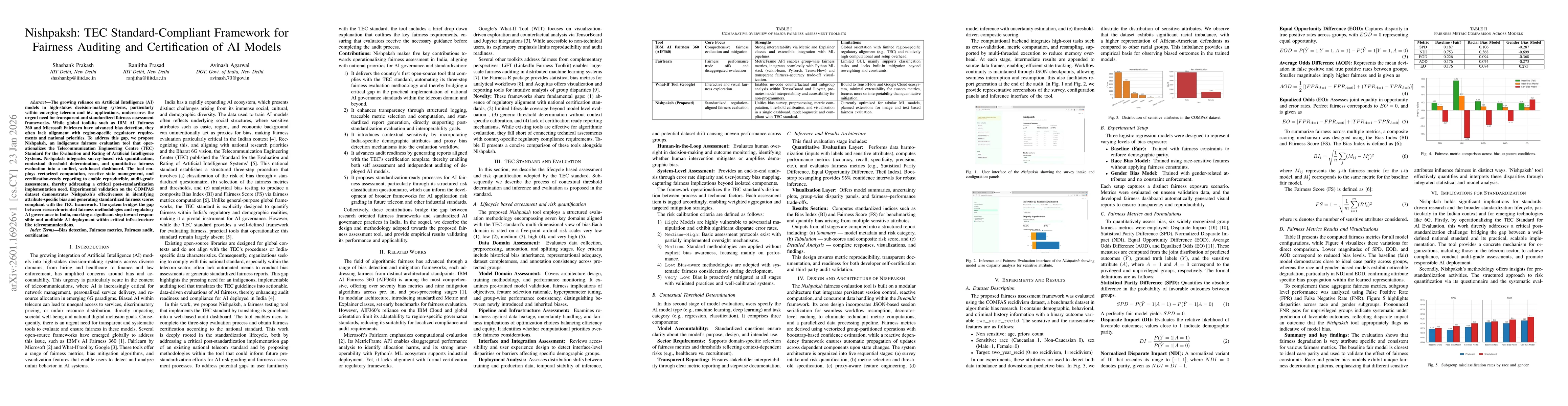 Thumbnail for Nishpaksh: TEC Standard-Compliant Framework for Fairness Auditing and Certification of AI Models