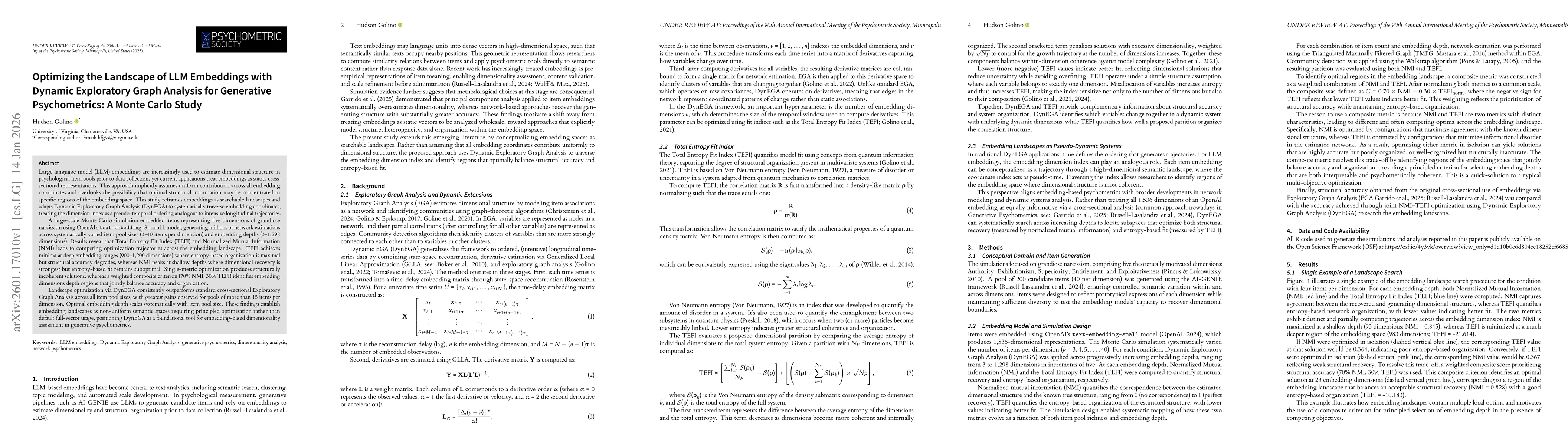 Thumbnail for Optimizing the Landscape of LLM Embeddings with Dynamic Exploratory Graph Analysis for Generative Psychometrics: A Monte Carlo Study