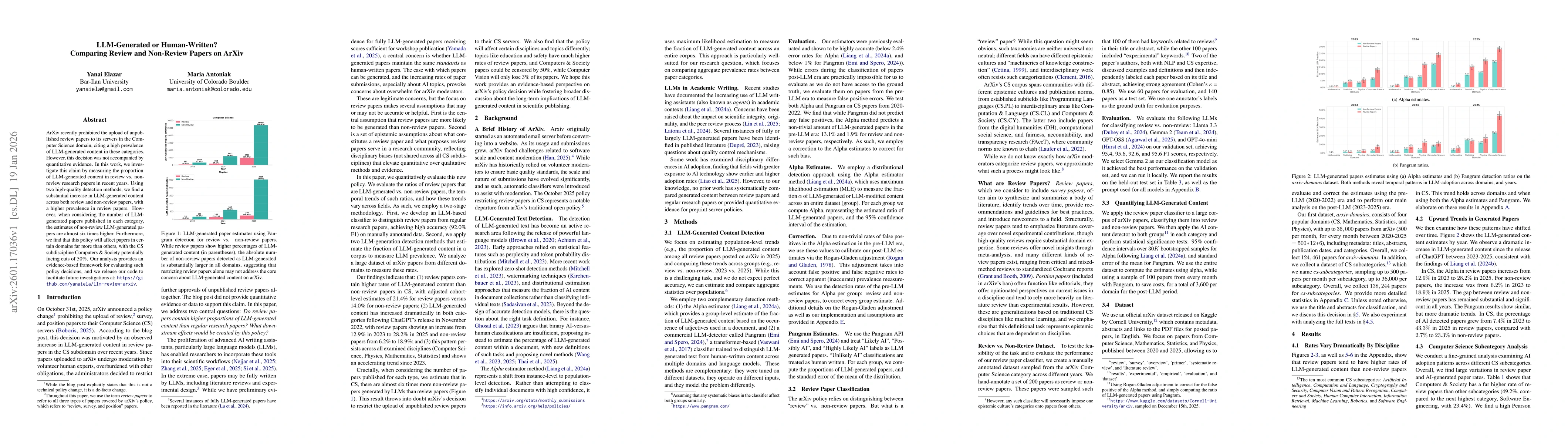 Thumbnail for LLM-Generated or Human-Written? Comparing Review and Non-Review Papers on ArXiv