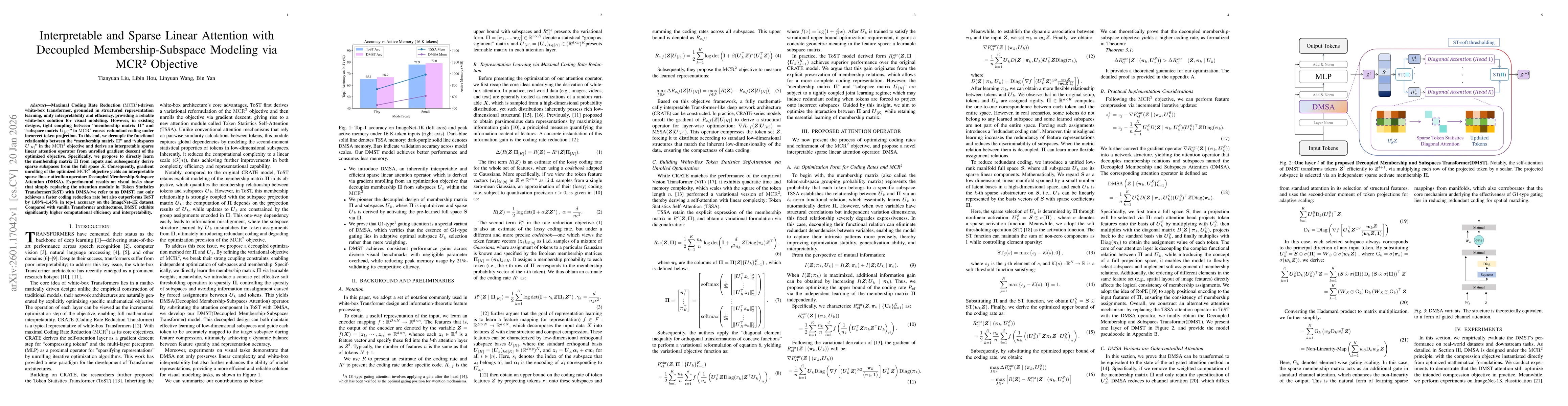 Thumbnail for Interpretable and Sparse Linear Attention with Decoupled Membership-Subspace Modeling via MCR2 Objective
