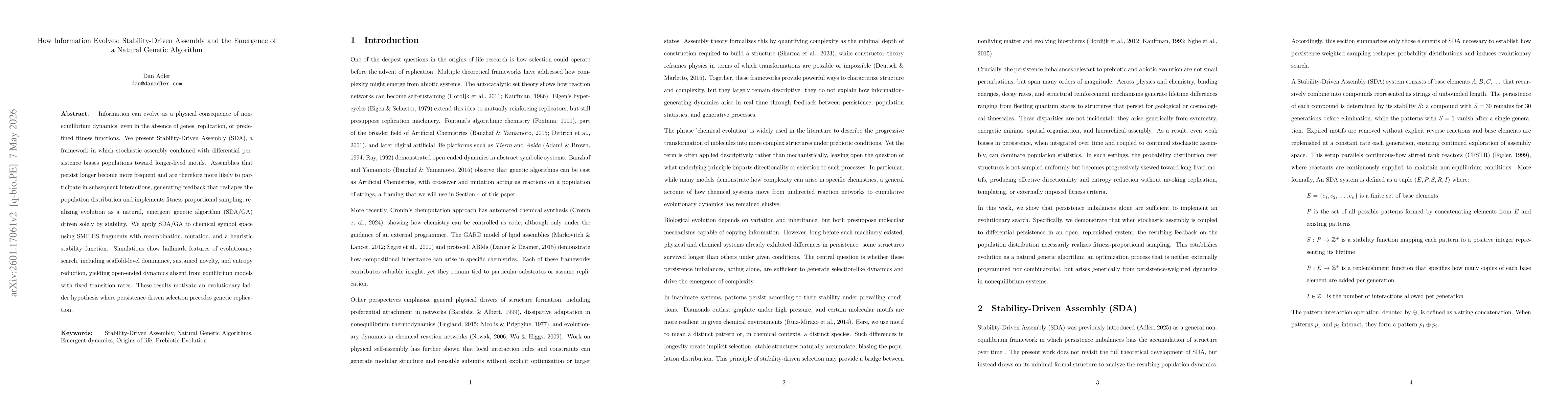 Thumbnail for How Information Evolves: Stability-Driven Assembly and the Emergence of a Natural Genetic Algorithm