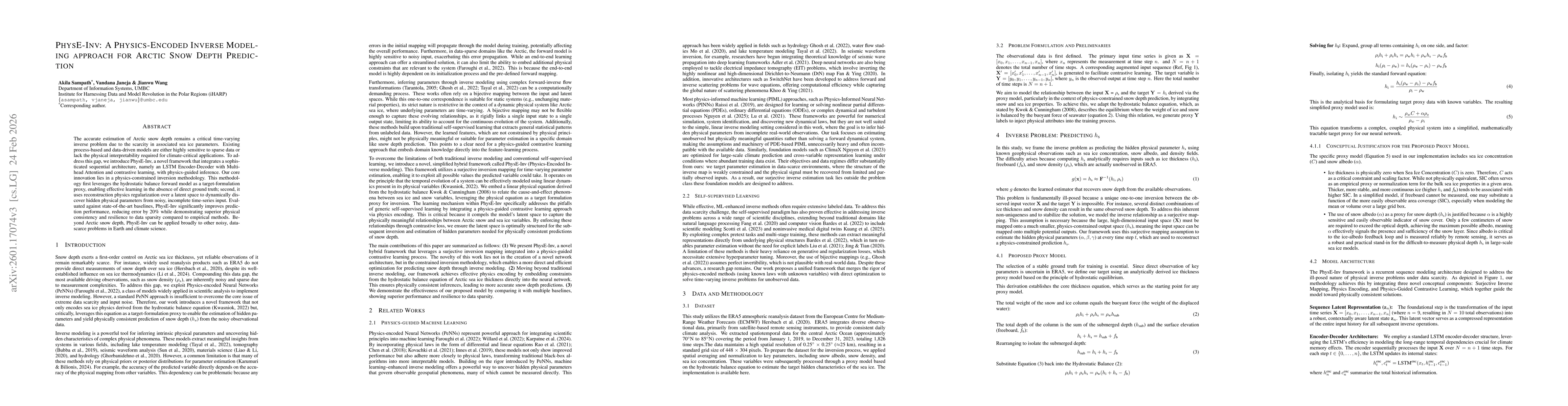 Thumbnail for PhysE-Inv: A Physics-Encoded Inverse Modeling approach for Arctic Snow Depth Prediction