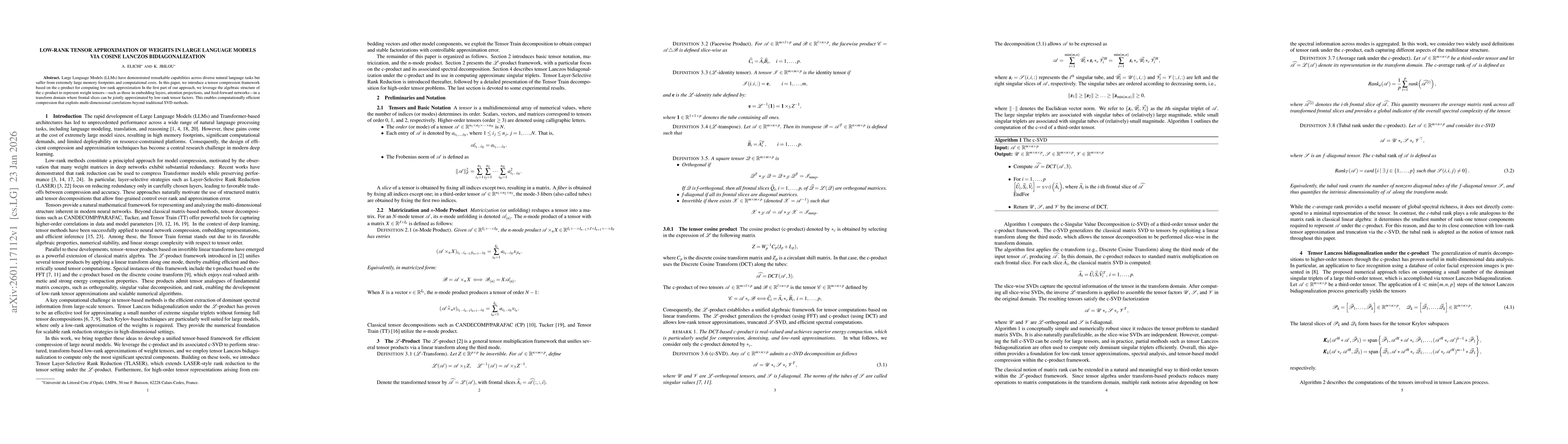 Thumbnail for Low-Rank Tensor Approximation of Weights in Large Language Models via Cosine Lanczos Bidiagonalization