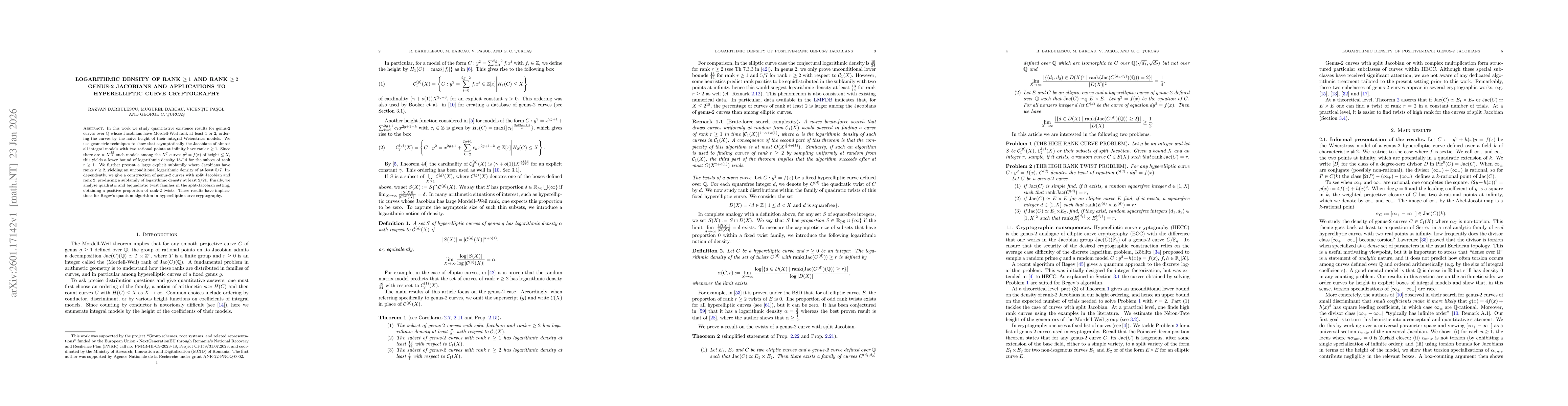 Thumbnail for Logarithmic Density of Rank $\geq 1$ and Rank $\geq 2$ Genus-2 Jacobians and Applications to Hyperelliptic Curve Cryptography