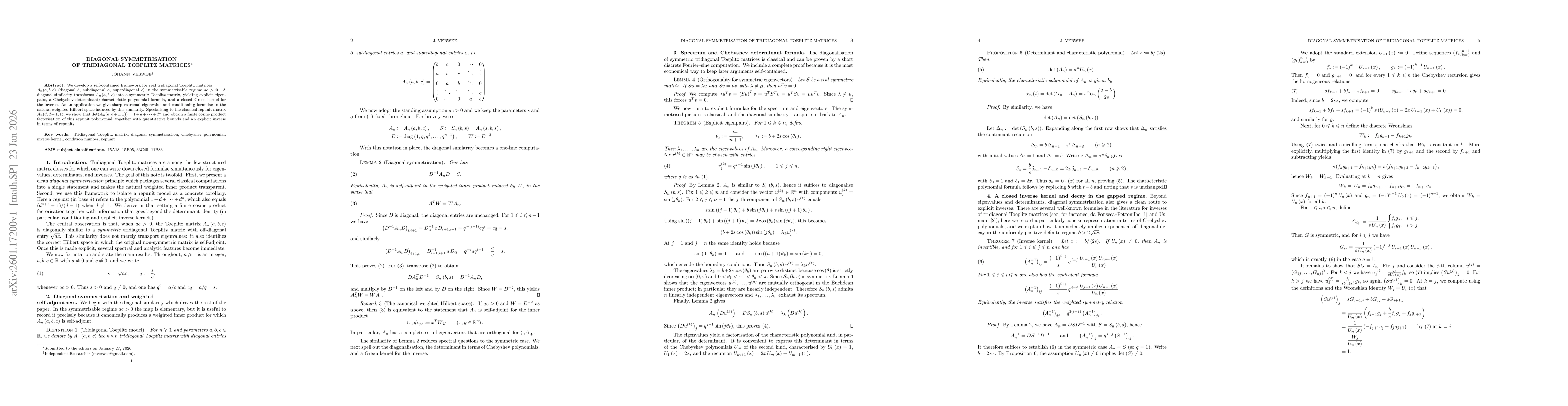 Thumbnail for Diagonal symmetrisation of tridiagonal Toeplitz matrices