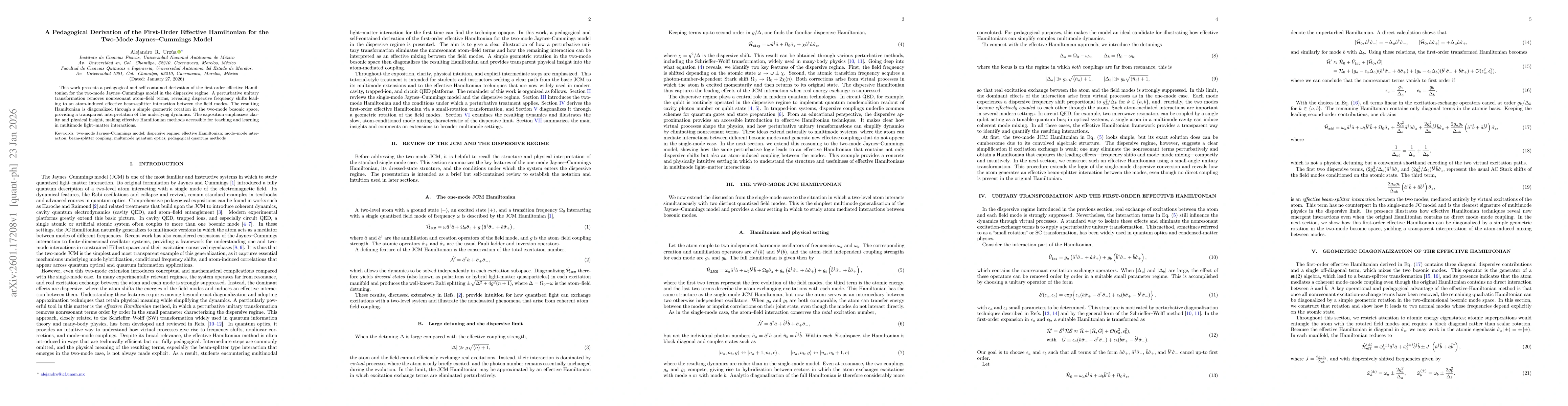Thumbnail for A pedagogical derivation of the first-order effective Hamiltonian for the two-mode Jaynes-Cummings model