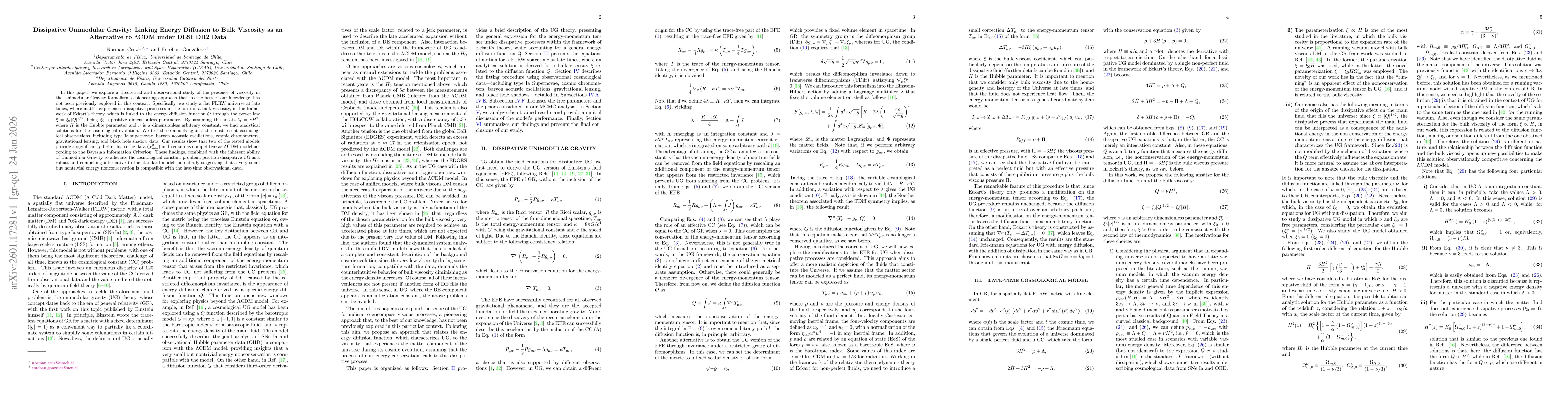 Thumbnail for Dissipative Unimodular Gravity: Linking Energy Diffusion to Bulk Viscosity as an Alternative to $Λ$CDM under DESI DR2 Data