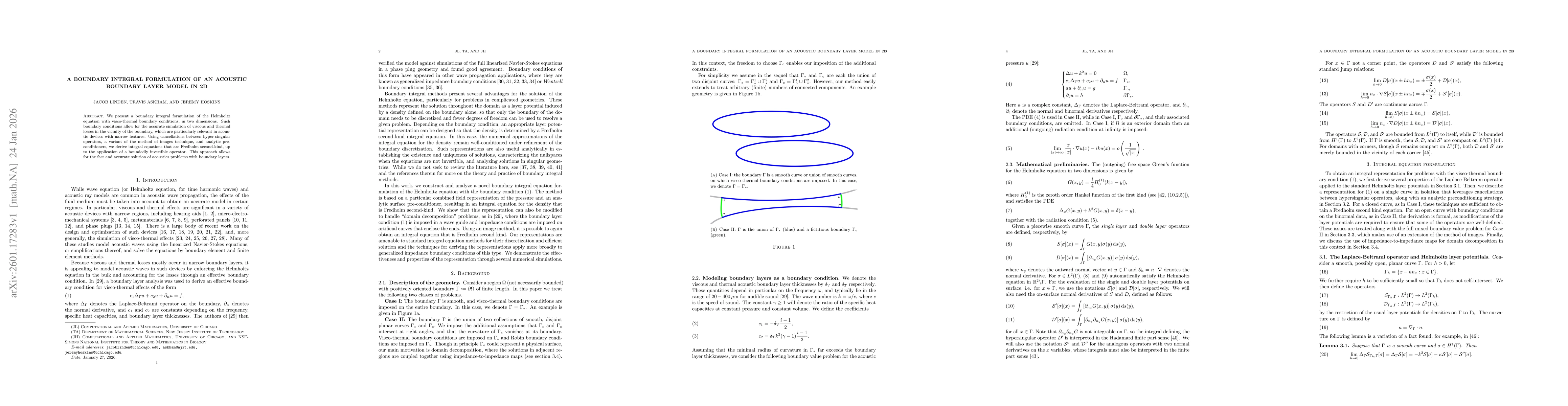 Thumbnail for A Boundary Integral Formulation of an Acoustic Boundary Layer Model in 2D