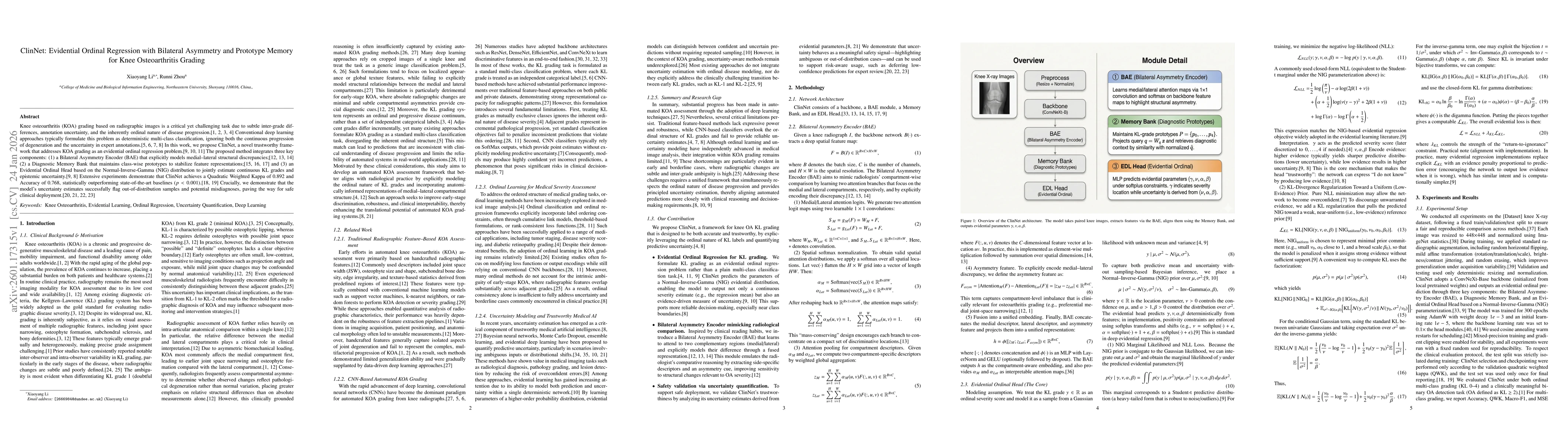 Thumbnail for ClinNet: Evidential Ordinal Regression with Bilateral Asymmetry and Prototype Memory for Knee Osteoarthritis Grading