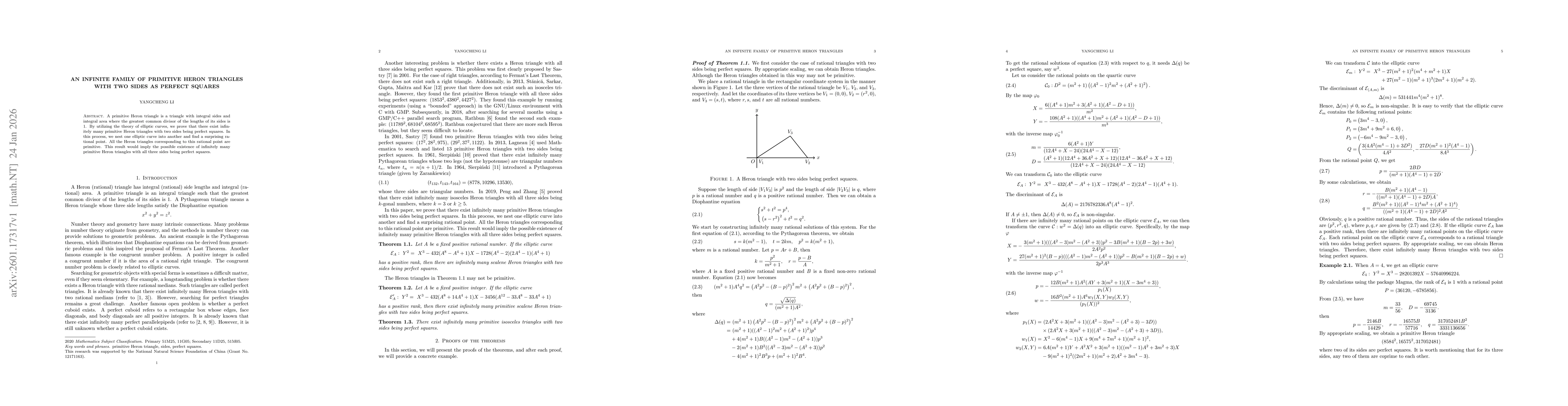 Thumbnail for An Infinite Family of Primitive Heron Triangles with Two Sides as Perfect Squares