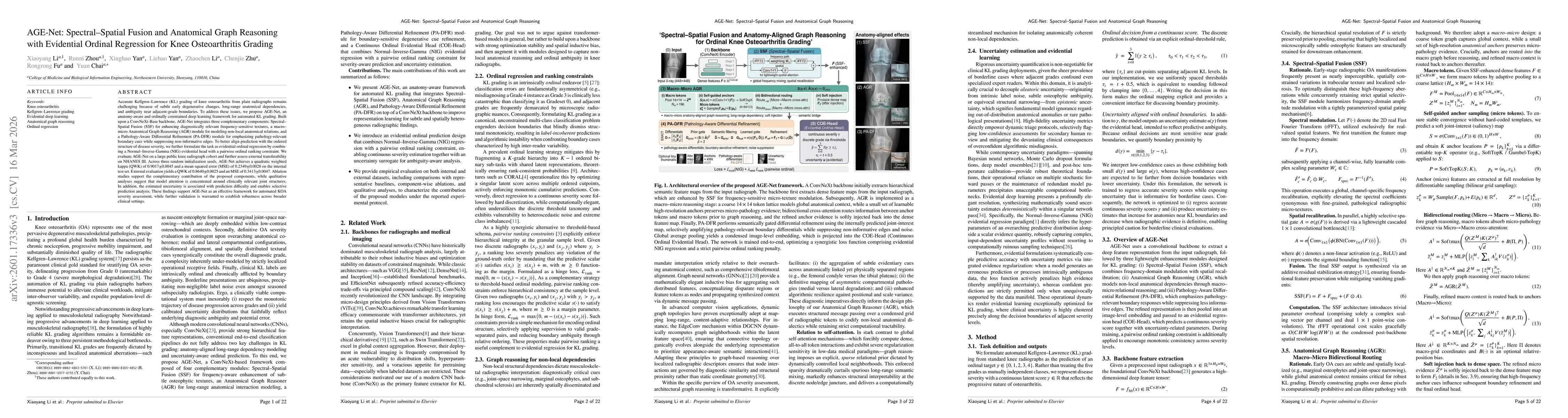 Thumbnail for AGE-Net: Spectral--Spatial Fusion and Anatomical Graph Reasoning with Evidential Ordinal Regression for Knee Osteoarthritis Grading