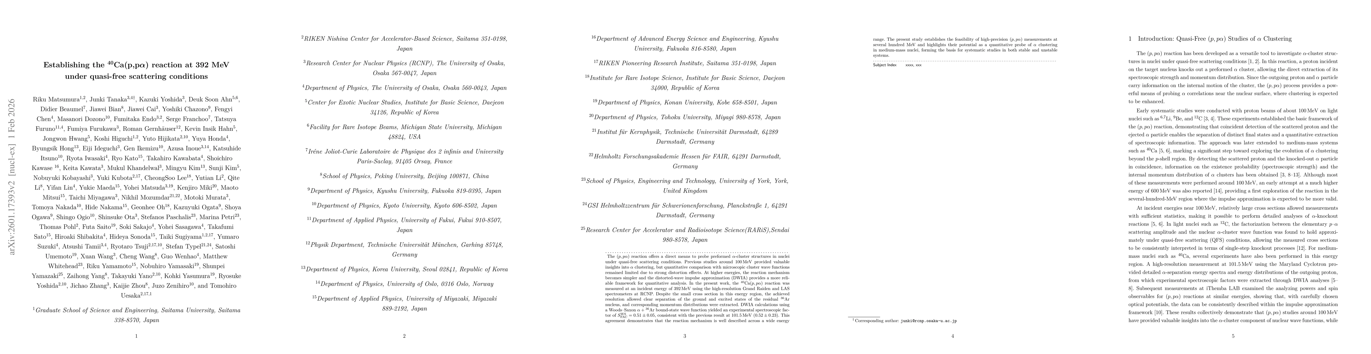 Thumbnail for Establishing the \textrm{\(^{\bold{40}}\)Ca(p,p$\boldsymbolα$)} reaction at 392 MeV under quasi-free scattering conditions