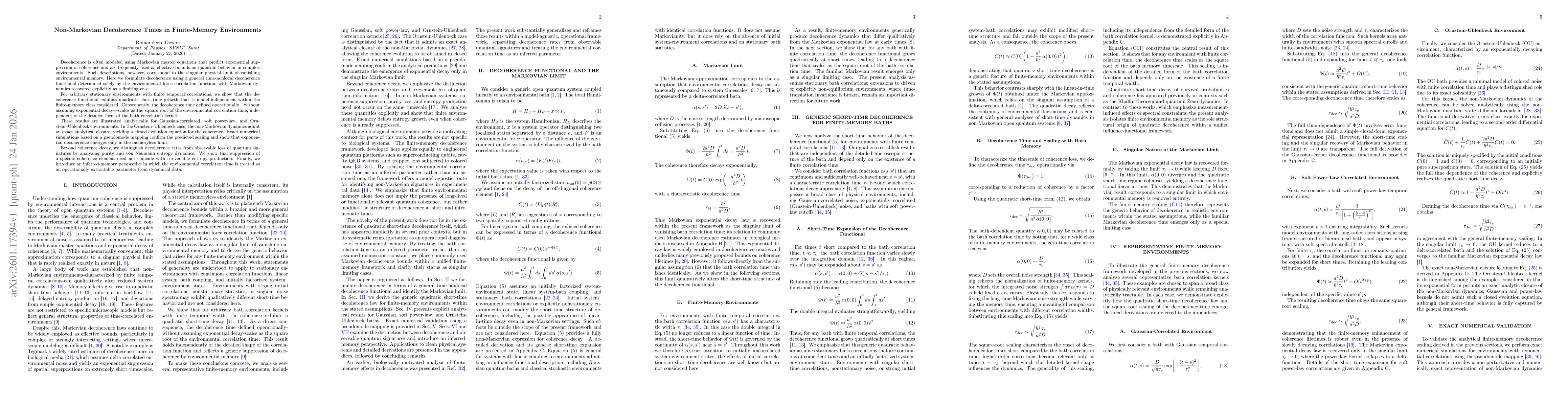Thumbnail for Non-Markovian Decoherence Times in Finite-Memory Environments