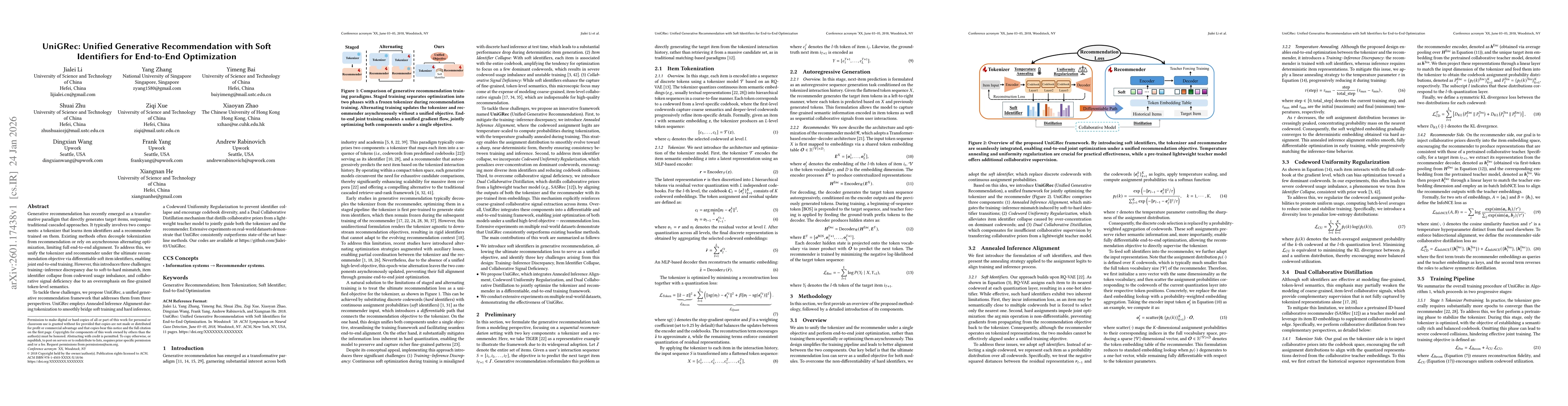 Thumbnail for UniGRec: Unified Generative Recommendation with Soft Identifiers for End-to-End Optimization