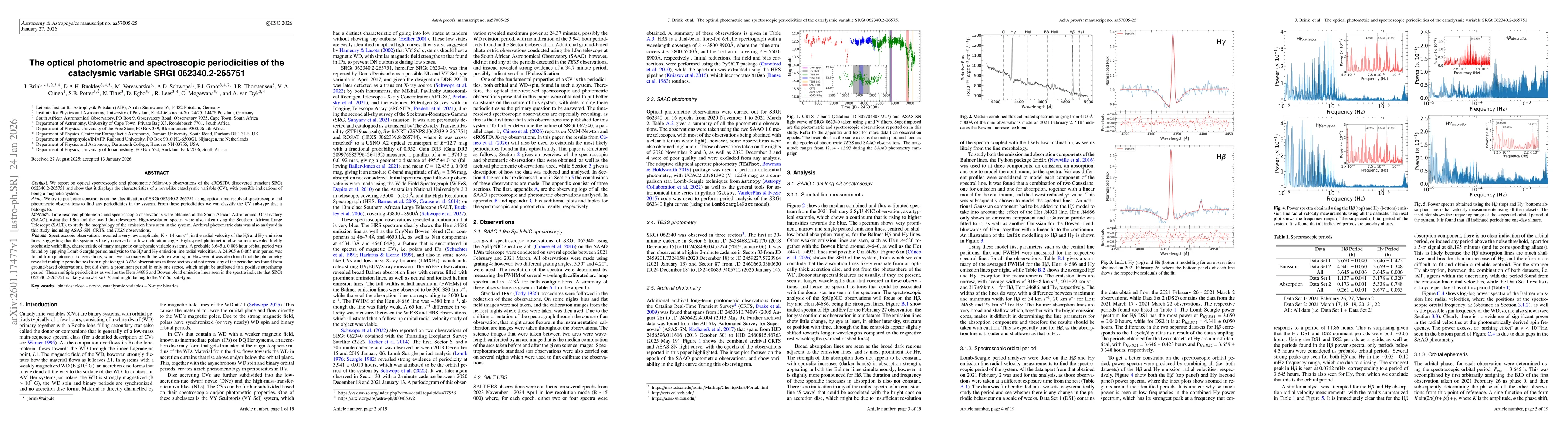 Thumbnail for The optical photometric and spectroscopic periodicities of the cataclysmic variable SRGt 062340.2-265751