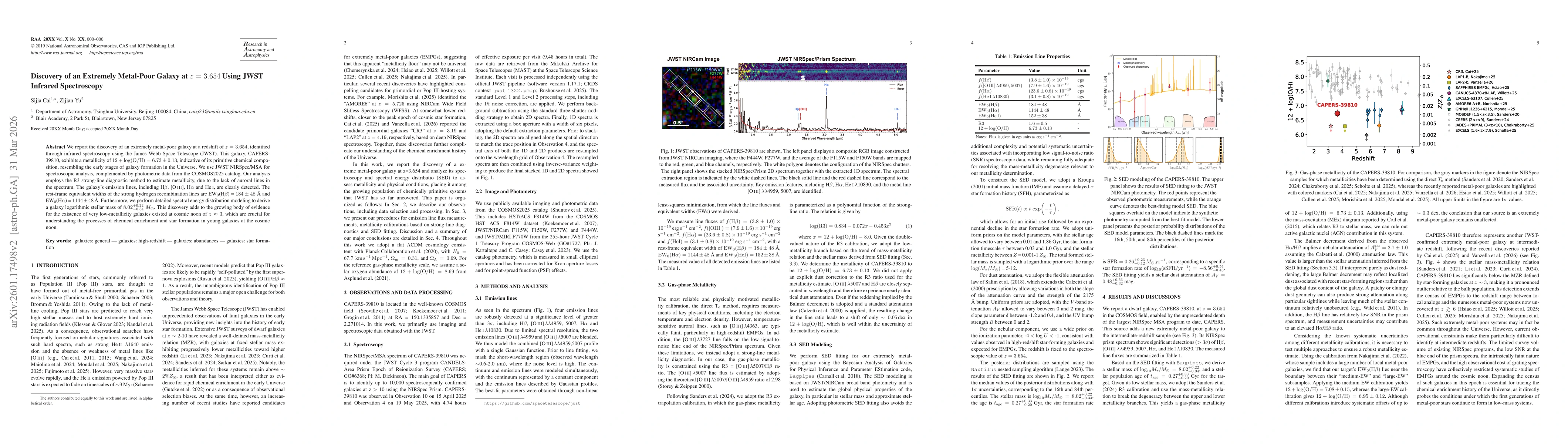 Thumbnail for Discovery of an Extremely Metal-Poor Galaxy at $z=3.654$ Using JWST Infrared Spectroscopy