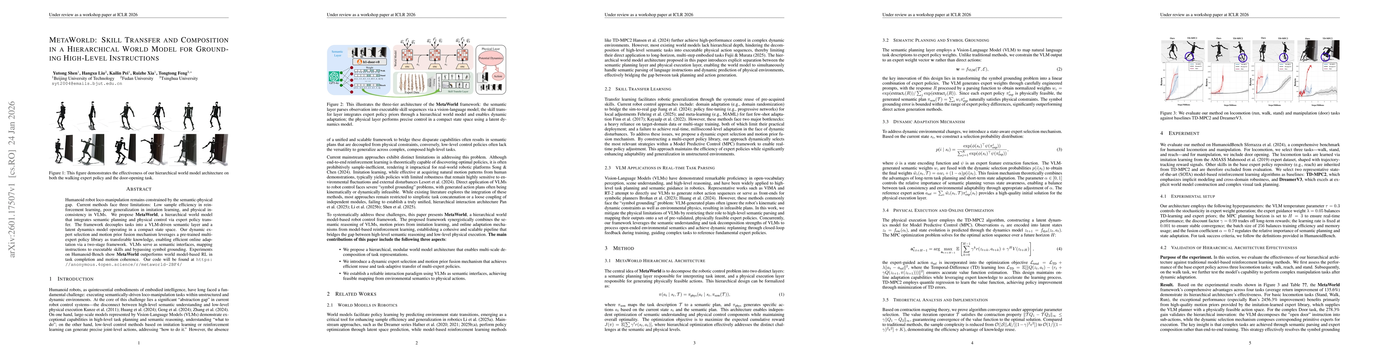 Thumbnail for MetaWorld: Skill Transfer and Composition in a Hierarchical World Model for Grounding High-Level Instructions