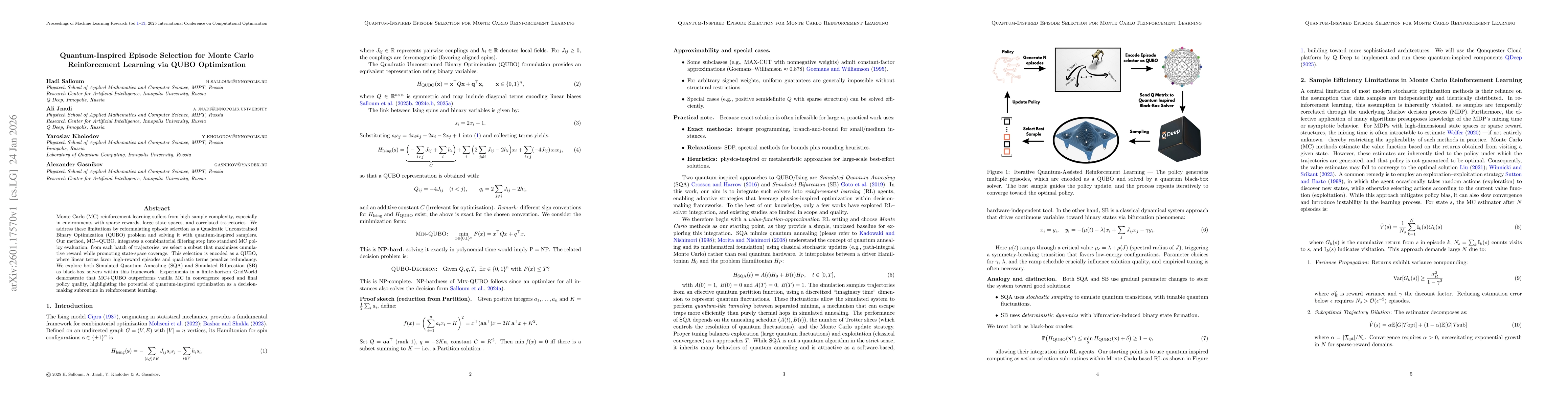 Thumbnail for Quantum-Inspired Episode Selection for Monte Carlo Reinforcement Learning via QUBO Optimization