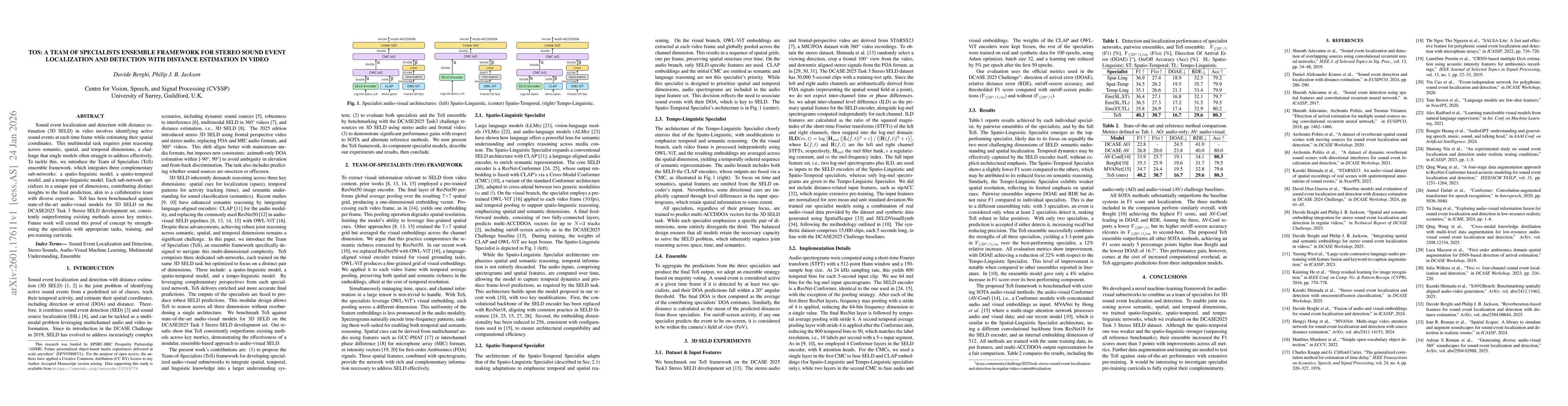 Thumbnail for ToS: A Team of Specialists ensemble framework for Stereo Sound Event Localization and Detection with distance estimation in Video