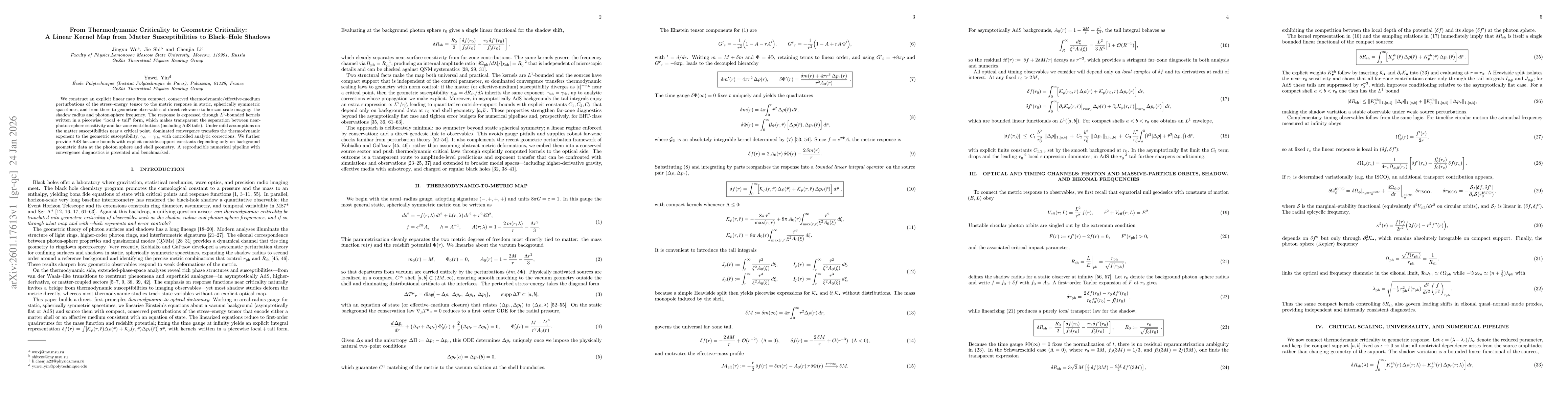 Thumbnail for From Thermodynamic Criticality to Geometric Criticality: A Linear Kernel Map from Matter Susceptibilities to Black-Hole Shadows