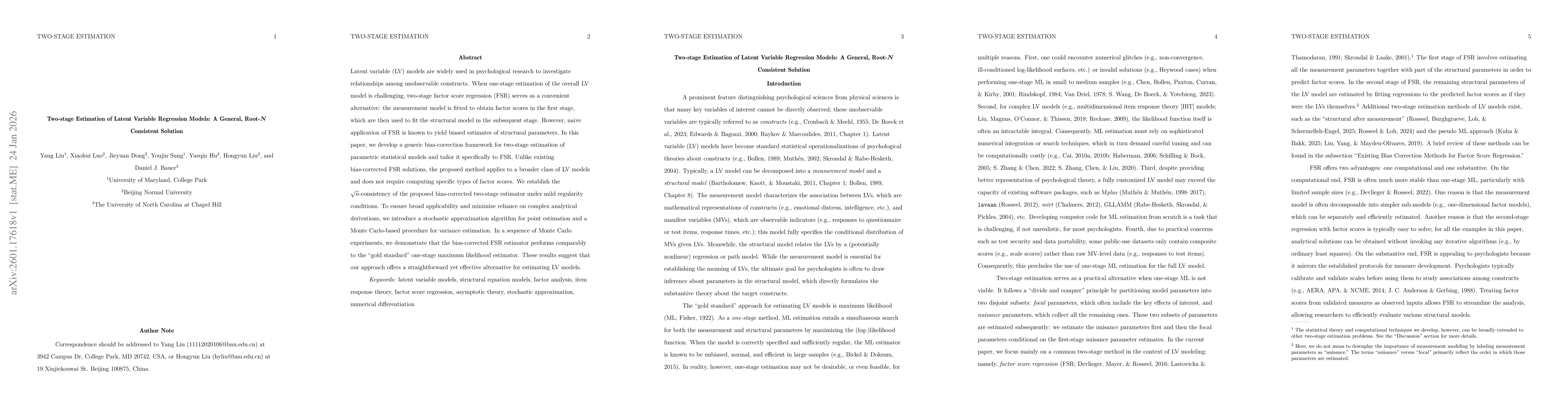 Thumbnail for Two-stage Estimation of Latent Variable Regression Models: A General, Root-N Consistent Solution