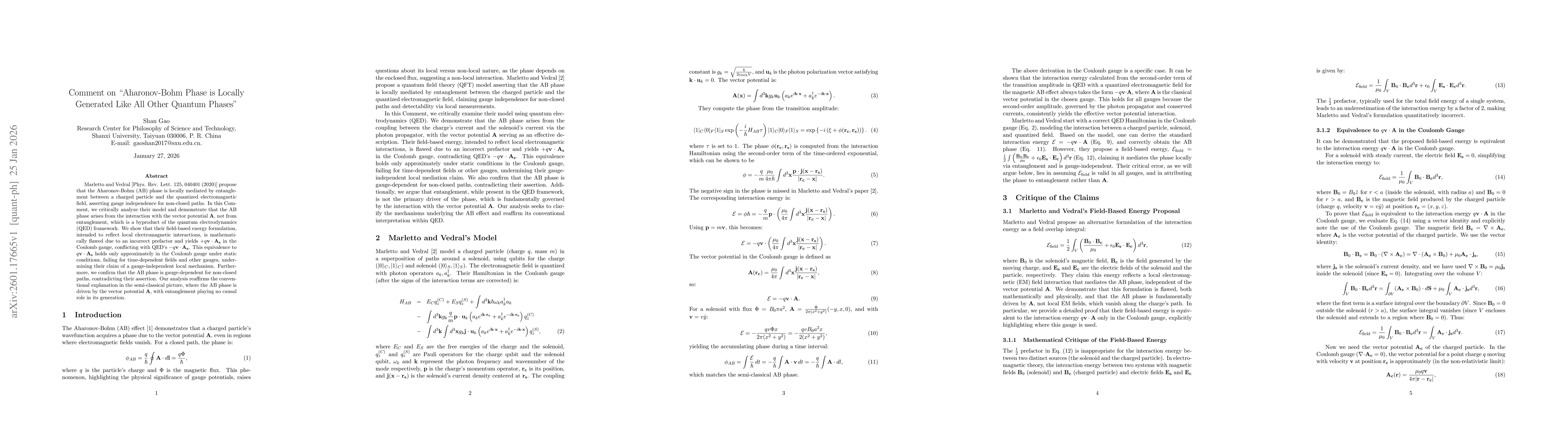 Thumbnail for Comment on "Aharonov-Bohm Phase is Locally Generated Like All Other Quantum Phases"