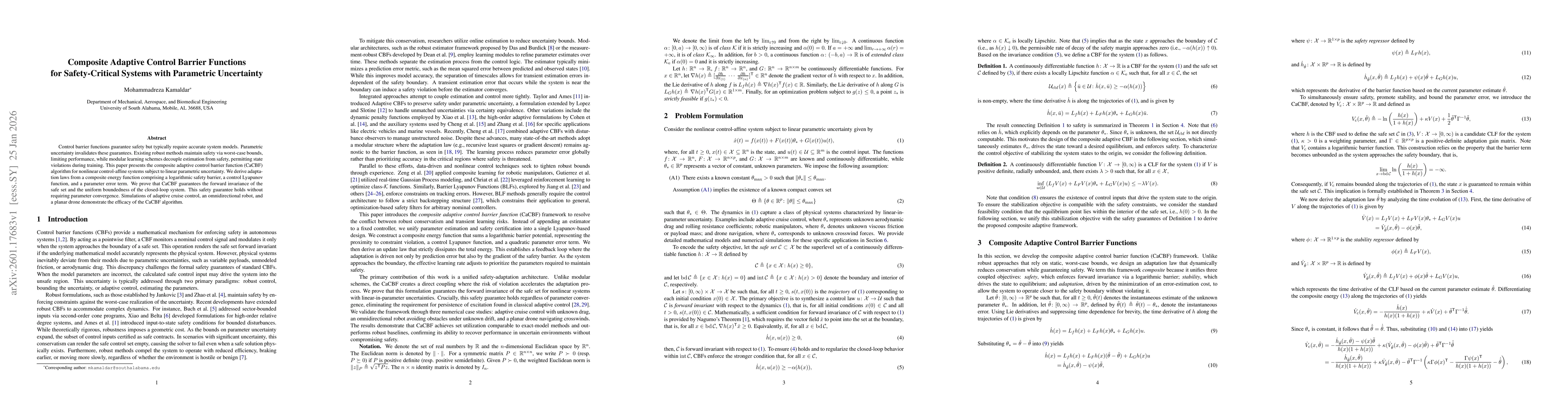 Thumbnail for Composite Adaptive Control Barrier Functions for Safety-Critical Systems with Parametric Uncertainty