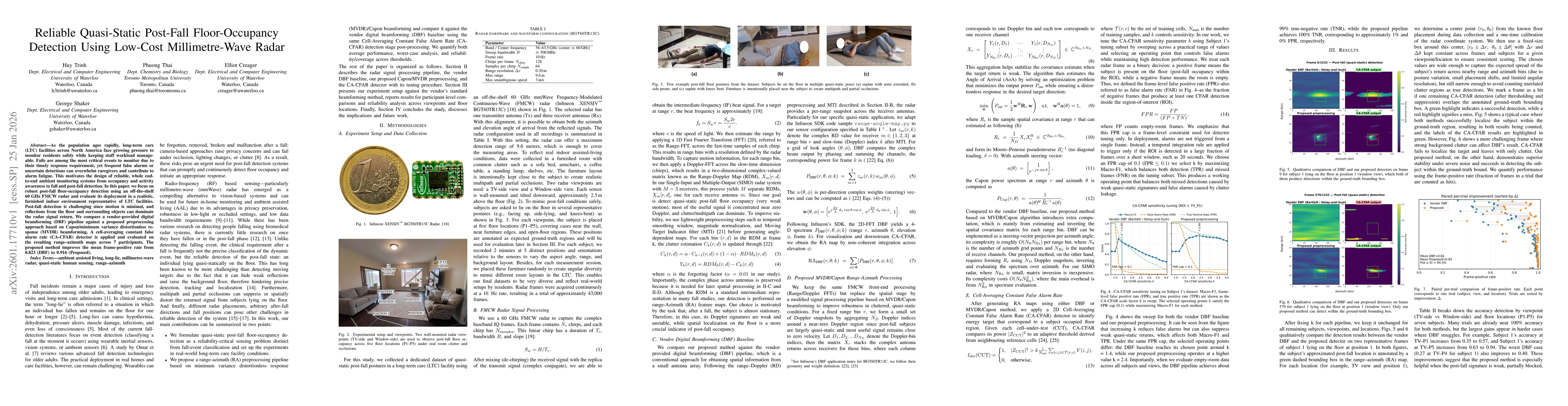 Thumbnail for Reliable Quasi-Static Post-Fall Floor-Occupancy Detection Using Low-Cost Millimetre-Wave Radar
