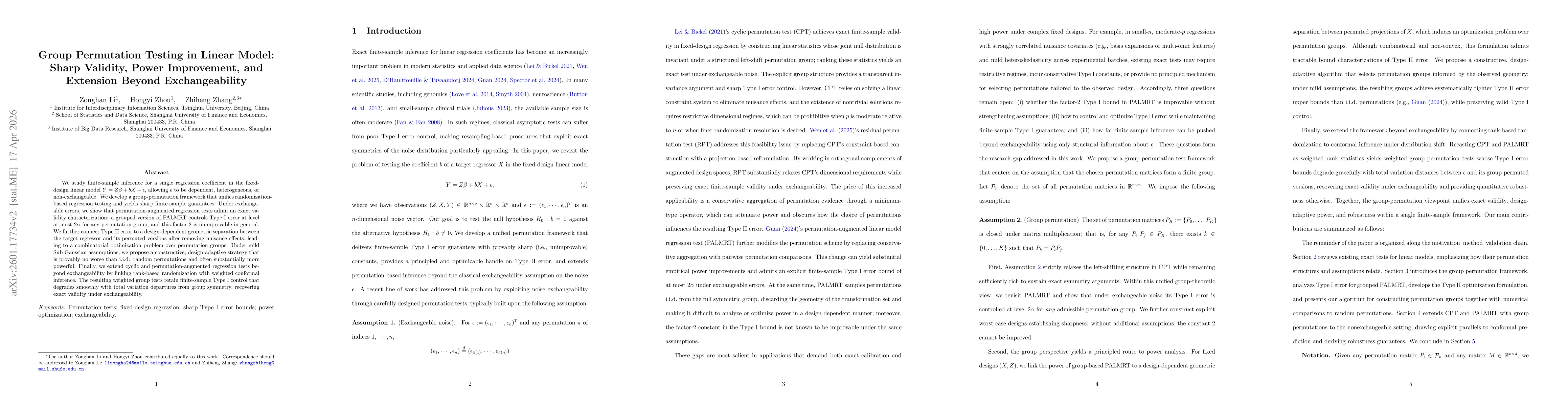 Thumbnail for Group Permutation Testing in Linear Model: Sharp Validity, Power Improvement, and Extension Beyond Exchangeability