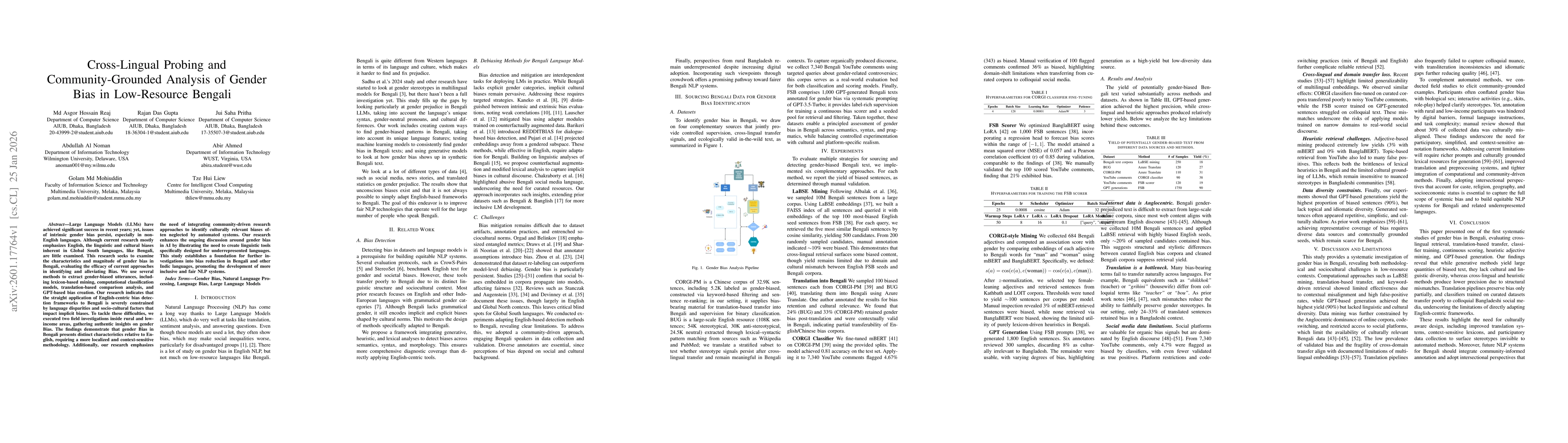 Thumbnail for Cross-Lingual Probing and Community-Grounded Analysis of Gender Bias in Low-Resource Bengali