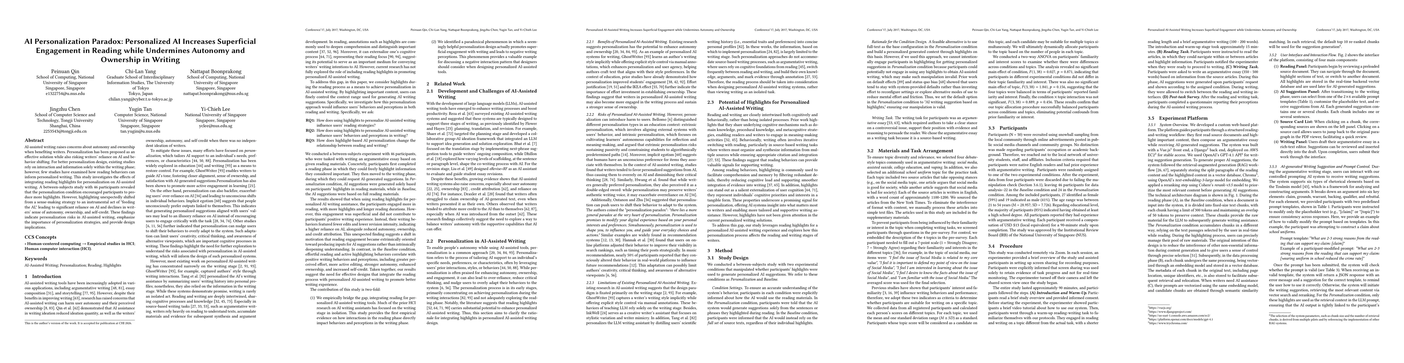 Thumbnail for AI Personalization Paradox: Personalized AI Increases Superficial Engagement in Reading while Undermines Autonomy and Ownership in Writing