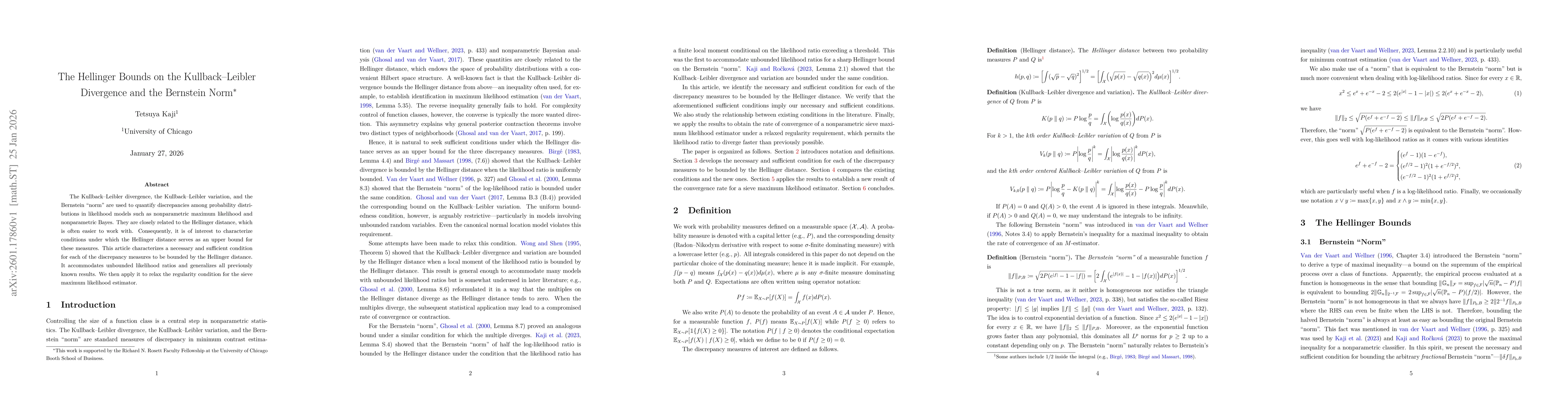 Thumbnail for The Hellinger Bounds on the Kullback-Leibler Divergence and the Bernstein Norm