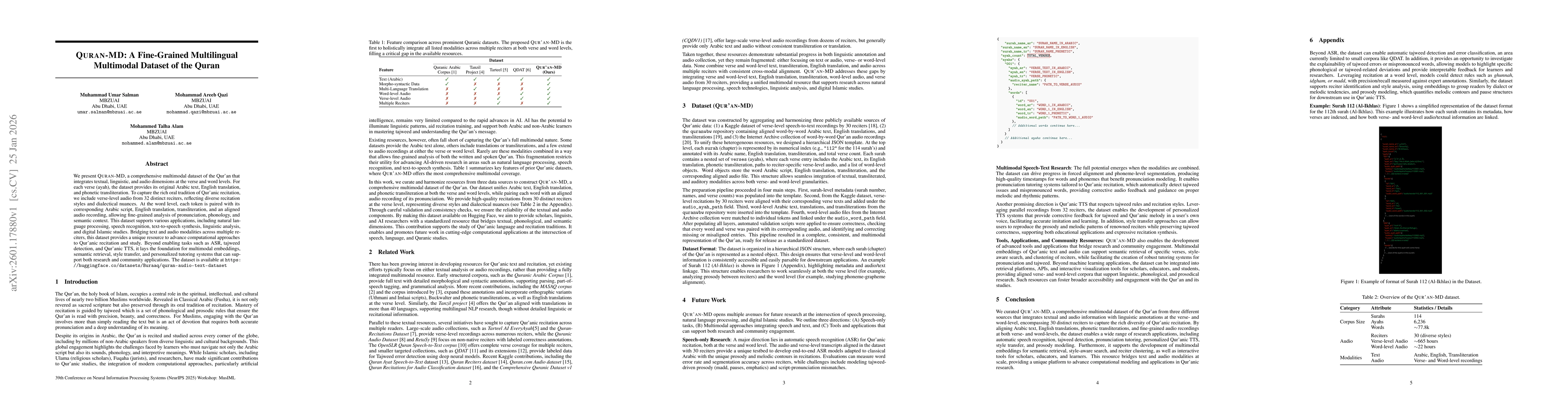 Thumbnail for Quran-MD: A Fine-Grained Multilingual Multimodal Dataset of the Quran