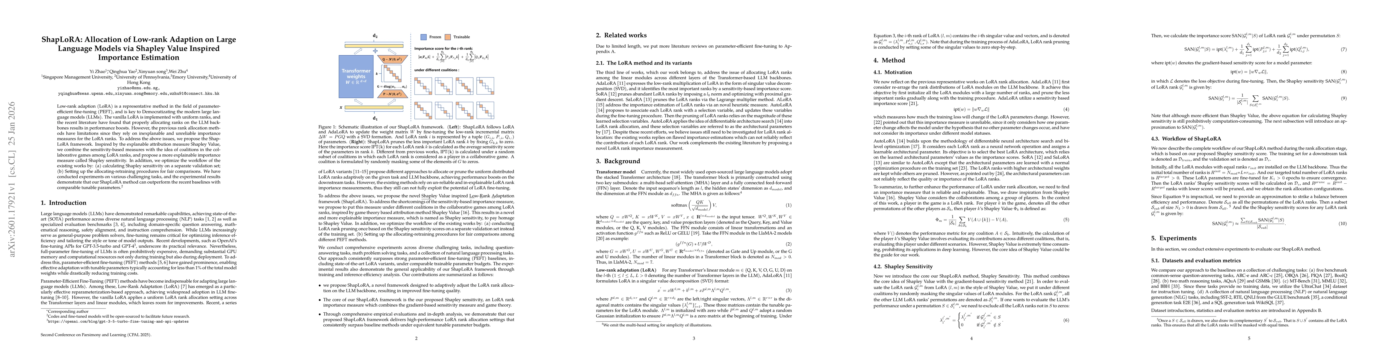 Thumbnail for ShapLoRA: Allocation of Low-rank Adaption on Large Language Models via Shapley Value Inspired Importance Estimation