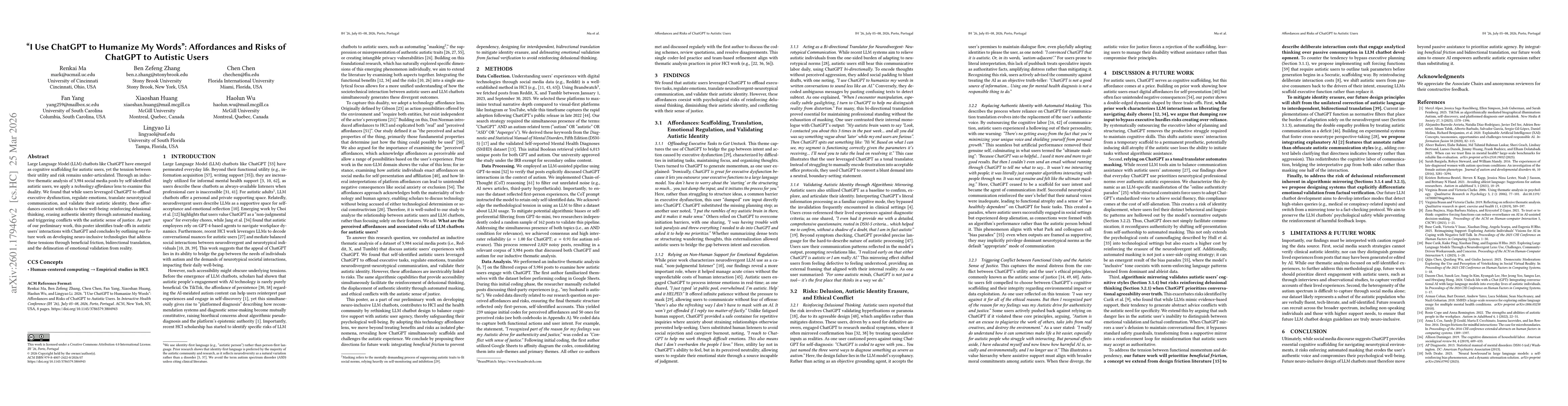 Thumbnail for "I use ChatGPT to humanize my words": Affordances and Risks of ChatGPT to Autistic Users