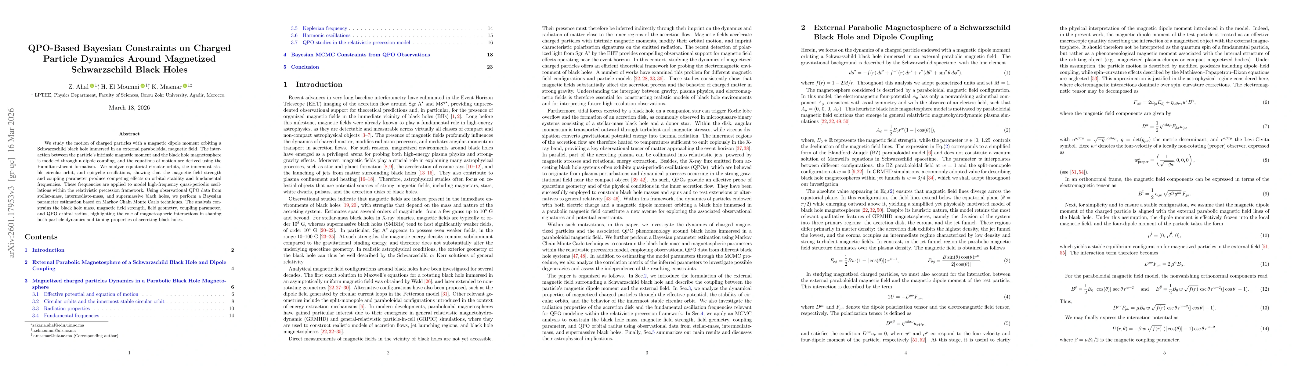 Thumbnail for QPO-Based Bayesian Constraints on Charged Particle Dynamics Around Magnetized Schwarzschild Black Holes