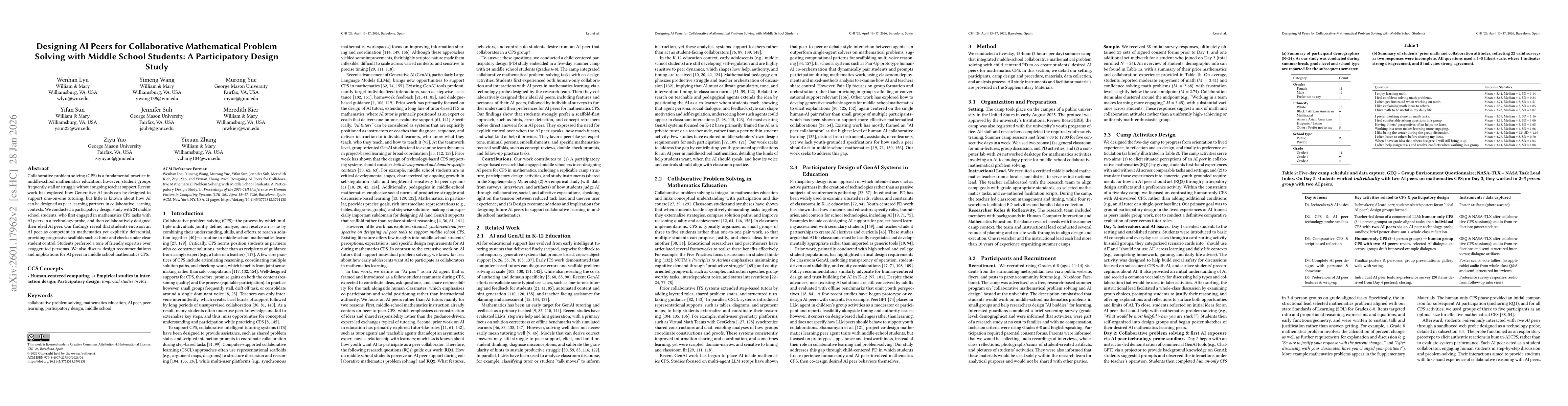 Thumbnail for Designing AI Peers for Collaborative Mathematical Problem Solving with Middle School Students: A Participatory Design Study