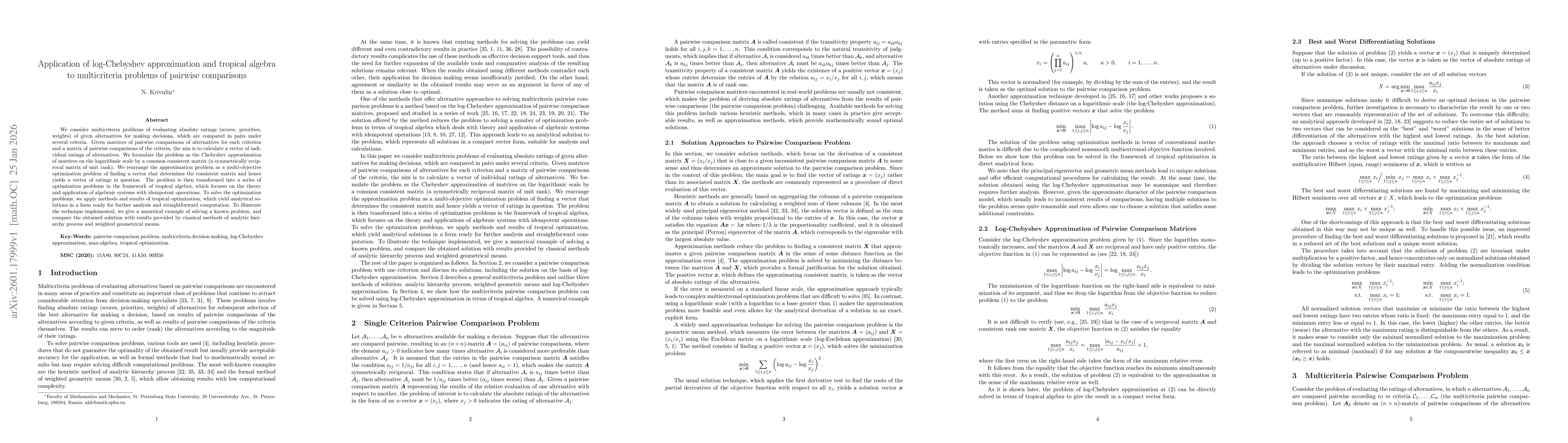 Thumbnail for Application of log-Chebyshev approximation and tropical algebra to multicriteria problems of pairwise comparisons