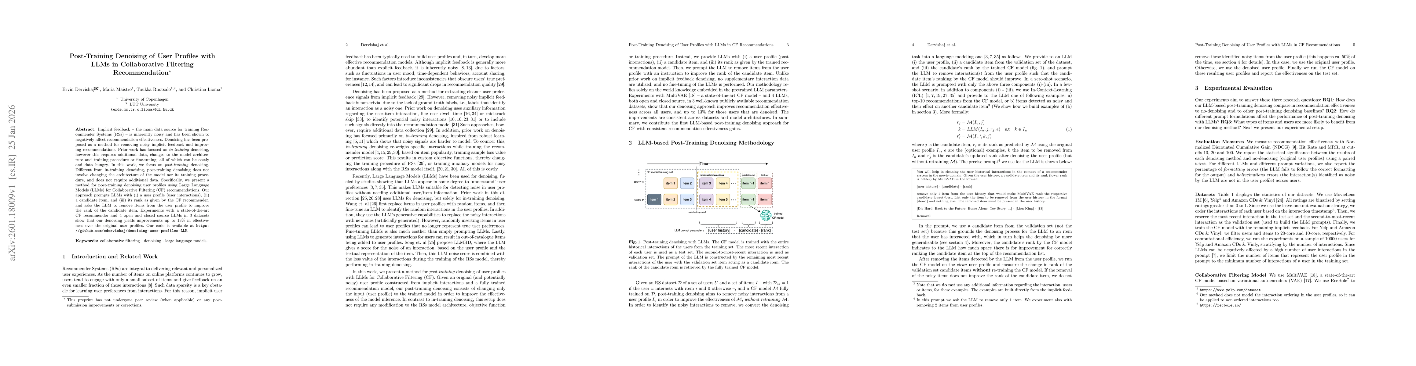 Thumbnail for Post-Training Denoising of User Profiles with LLMs in Collaborative Filtering Recommendation