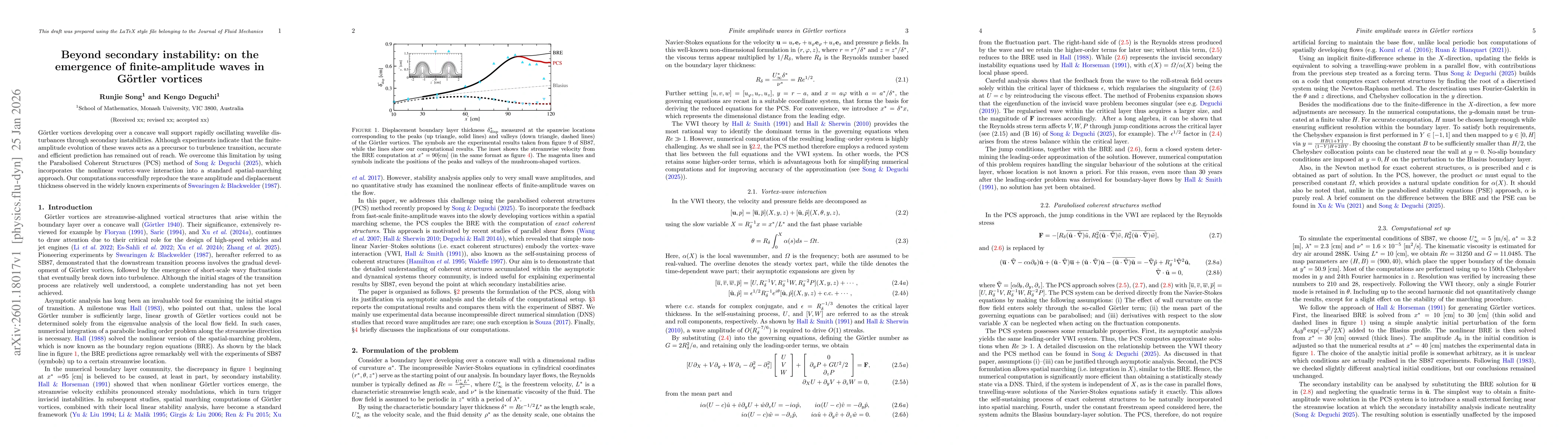 Thumbnail for Beyond secondary instability: on the emergence of finite-amplitude waves in Görtler vortices