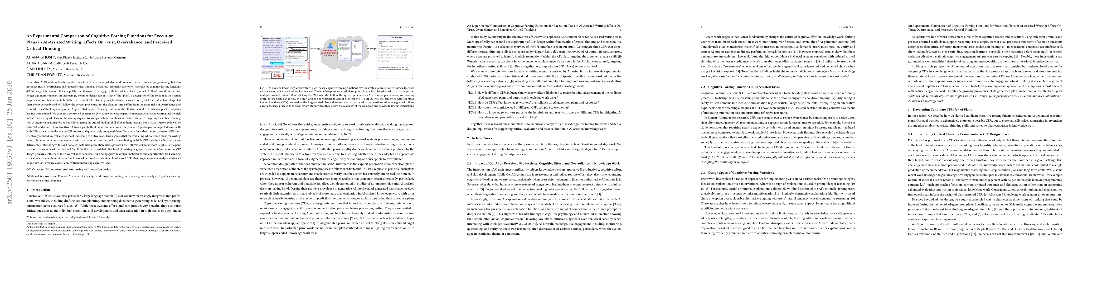 Thumbnail for An Experimental Comparison of Cognitive Forcing Functions for Execution Plans in AI-Assisted Writing: Effects On Trust, Overreliance, and Perceived Critical Thinking