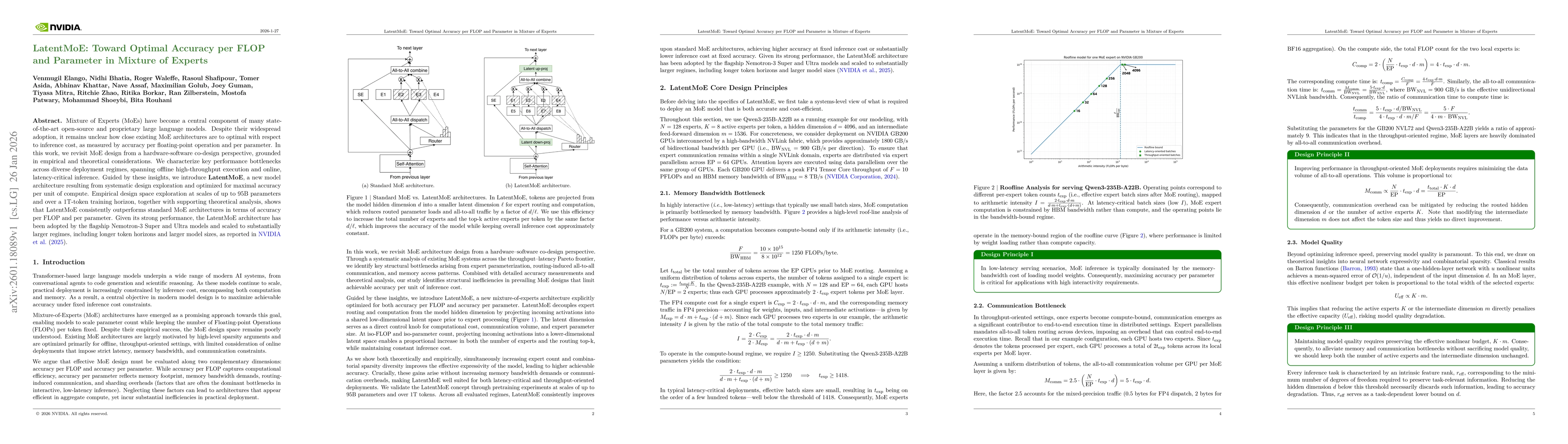 Thumbnail for LatentMoE: Toward Optimal Accuracy per FLOP and Parameter in Mixture of Experts