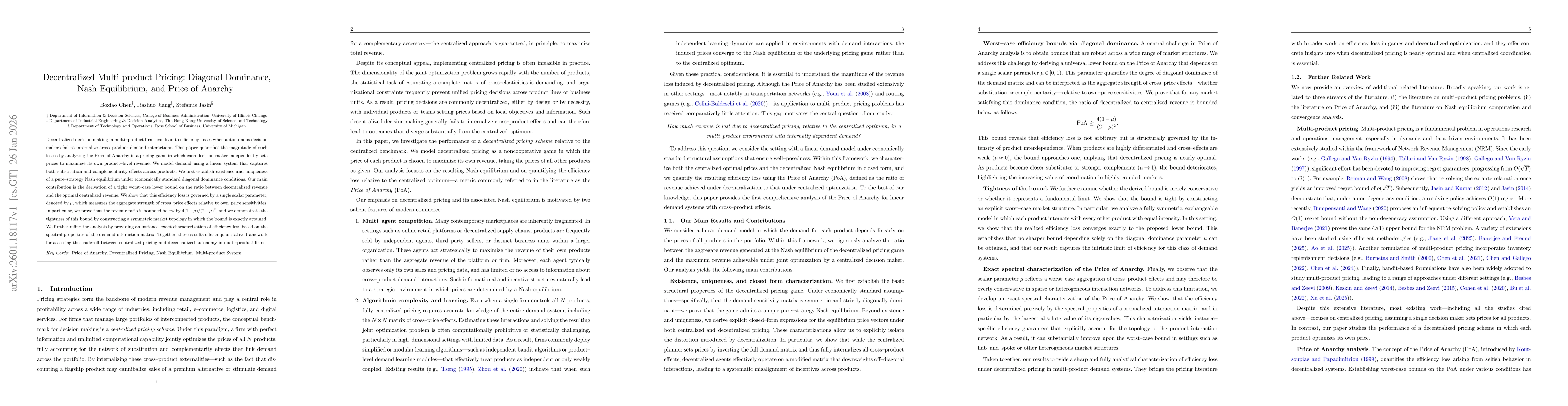Thumbnail for Decentralized Multi-product Pricing: Diagonal Dominance, Nash Equilibrium, and Price of Anarchy