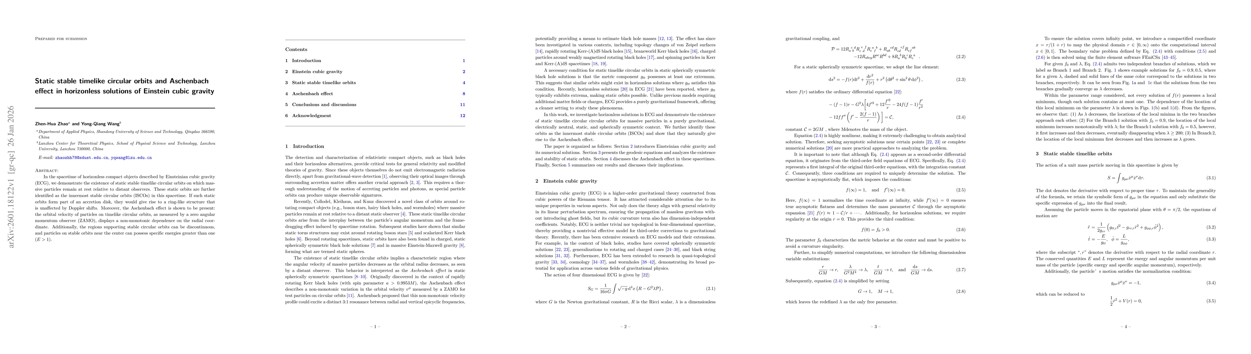 Thumbnail for Static stable timelike circular orbits and Aschenbach effect in horizonless solutions of Einstein cubic gravity